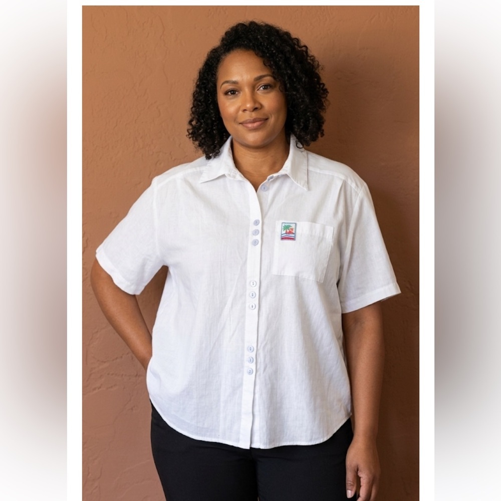 Tap & Co White Blouse Palm Patch Unique‎ Button Front Short Sleeve 3X